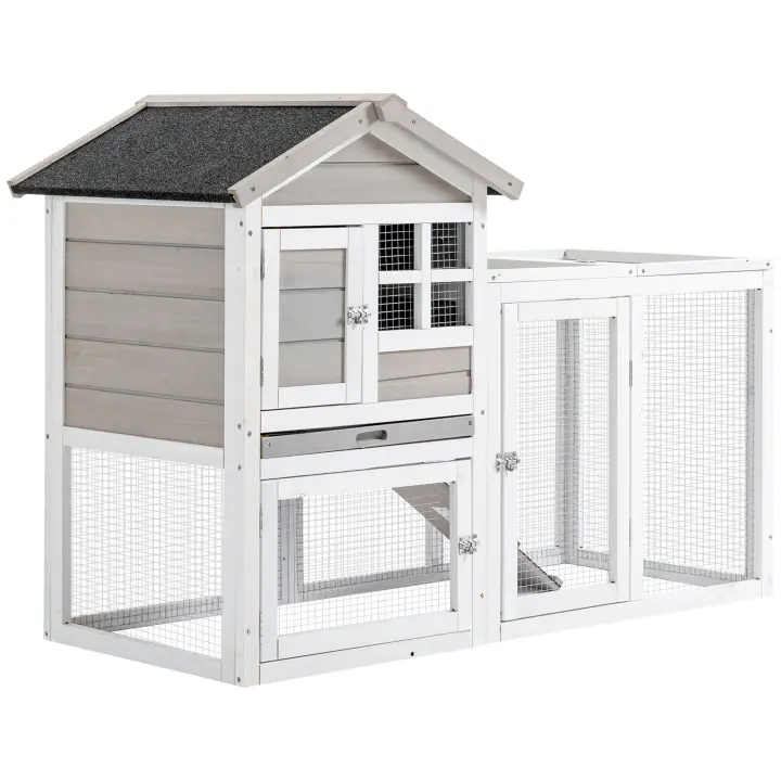 PawHut Conejera Cottage - Conejera superior con rampa y área de paso al aire libre - Bandeja deslizante, techo de betún, 4 puertas con cerradura - Dimensiones: 128 L x 64 W x 92 H cm Madera de abeto gris y blanco - 1