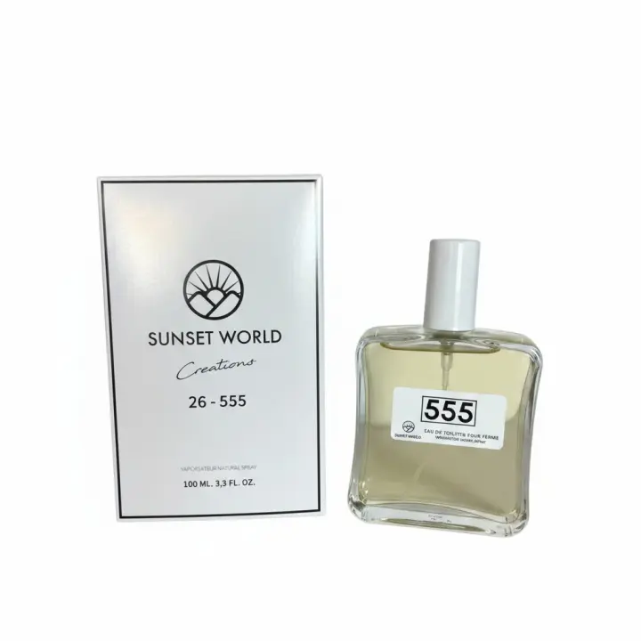 555 by Sunset World Eau de Toilette 100 ml. Fragancia floral aldehídica con notas de neroli, limón y bergamota, un corazón de jazmín, iris y rosa, y un fondo elegante de almizcle, sándalo y ámbar. 🚚 Envíos a España 24/48h. - 1