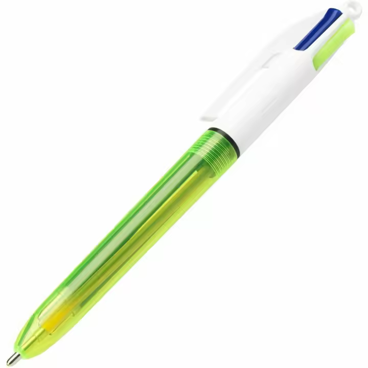 BIC® 4 Colours™ Fluo Bolígrafo retráctil con punta de bola, punta media de 1 mm, cuerpo blanco y verde, colores de tinta variados: Azul, amarillo, rojo y negro - 1