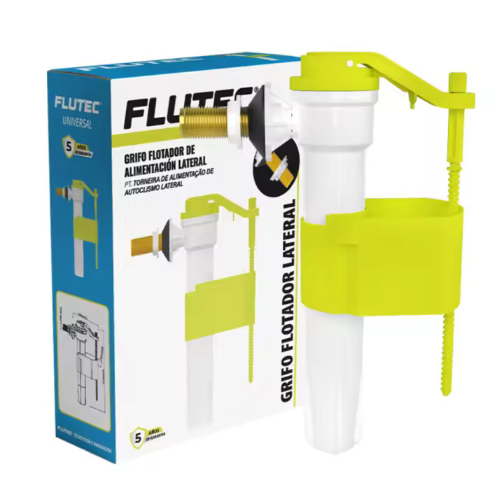 Grifo Flotador para cisternas con toma Lateral FLUTEC. Compacto y compatible con casi todos lo modelos. Rosca universal 3/8" - 1