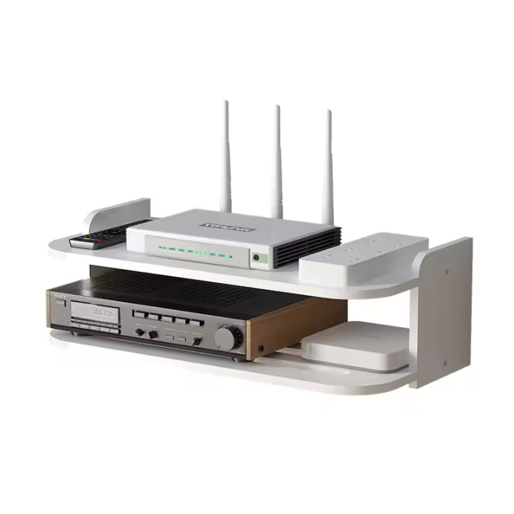 Estante Flotante De 2 Niveles Soporte Para Router Wifi Cajón Superior Organizador De Almacenamiento De Pared Con Salida Multi Tap Y Cableado Montaje En Pared - 1
