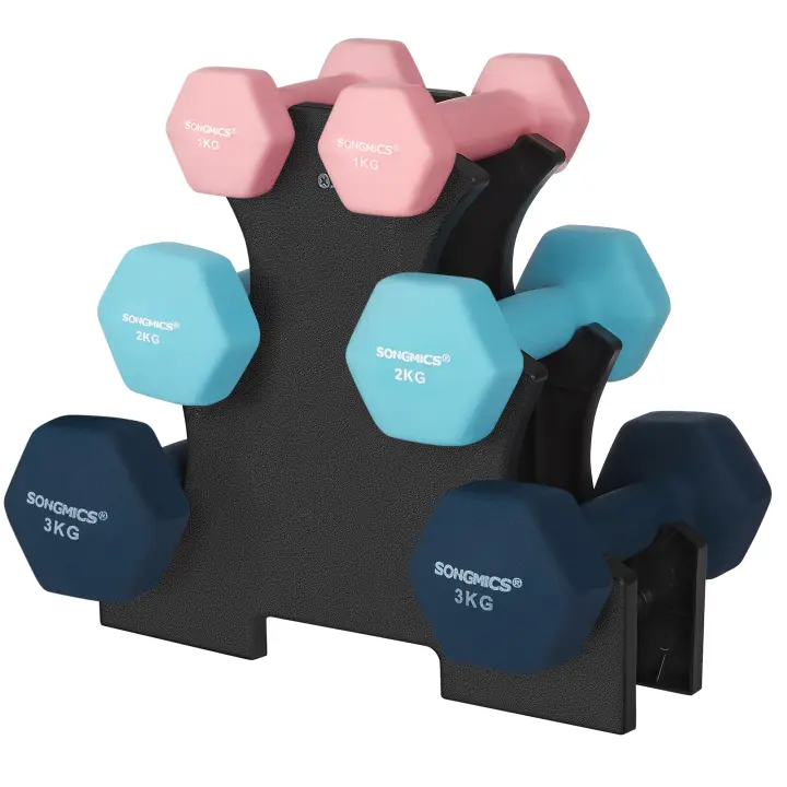 SONGMICS - Juego de mancuernas, 3 pares, 2 x 1 kg, 2 x 2 kg, 2 x 3 kg, soporte de almacenamiento, gimnasio y musculación, revestimiento de neopreno antideslizante - 1