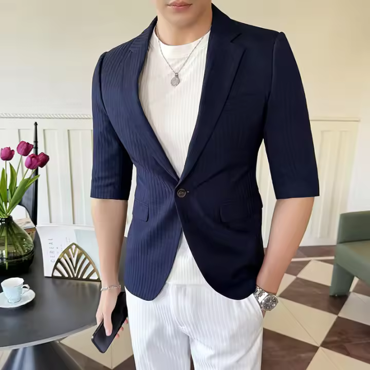 Traje De Verano Para Hombre 2025 De Alta Calidad Con Mangas De Siete Puntos Estilo Moderno Y Elegante Talla M-5XL Azul Rayado Transpirable Y Fresco - 1