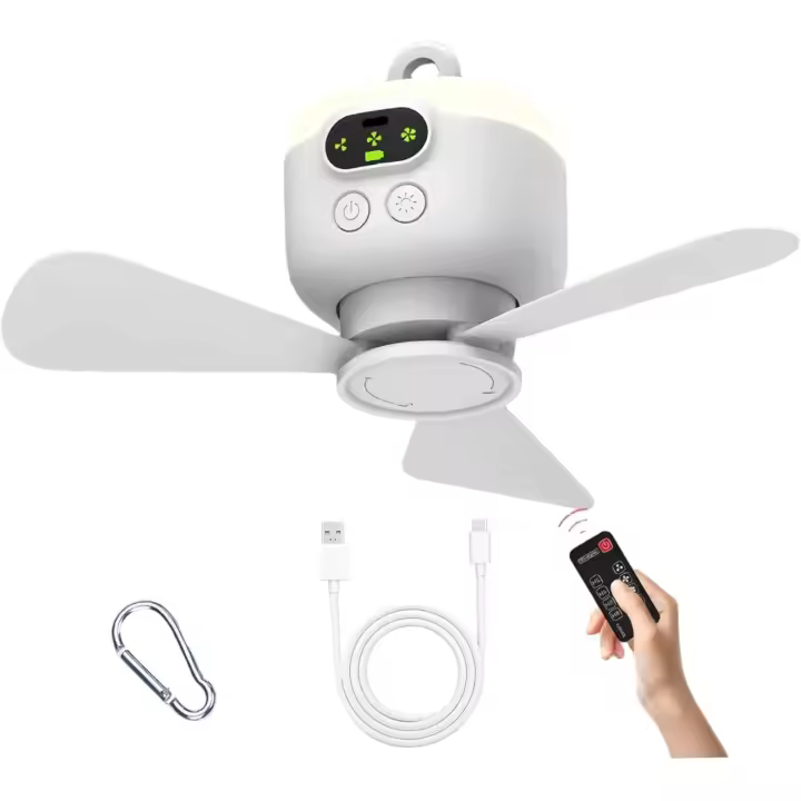 Ventilador de Techo portátil, 8000 mAh, con Dosel Colgante, Control Remoto y 3 velocidades, Recargable y Desmontable. Imprescindible para el Verano, Ideal para Exteriores e Interiores. - 1