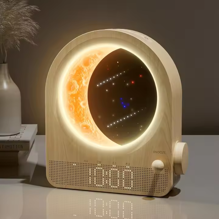 Despertador y lámpara de luna combinados, 2 despertadores,3 niveles de brillo, lámpara de noche con luz diurna, 10 sonidos naturales, luz nocturna regulable, ideal para - 1