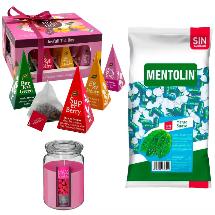 Pack bienestar: MENTOLIN MENTA SUAVE S/A BOLSA 1KG + WELL HOME - Vela perfumada de frambuesa + WELL HOME - Caja de Té Joyfull con variedad de sabores - 1