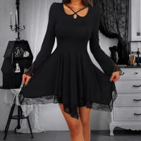 Vestido Mini De Encaje Asimétrico Para Mujer Estilo Gótico Otoño Tallas S-2XL Pullover A-Line Con Cuello Otro Tipo De Patrón Solido - details 0