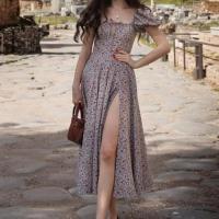 Vestido Floral Para Mujer Estilo Chic Verano Manga Batulada Cuello Cuadrado Frontal Con Cordón Abertura Alta Vestido Slim A-Line Midi Polyester - details 8