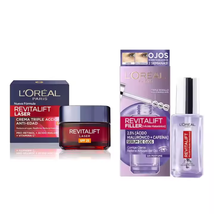 L'Oreal Pack - Revitalift Filler - Sérum de Ojos con Ácido Hialurónico y Cafeína 20ml + Crema Día con Protección Solar Factor 25 Antiarrugas y Antiedad 50ml. - 1