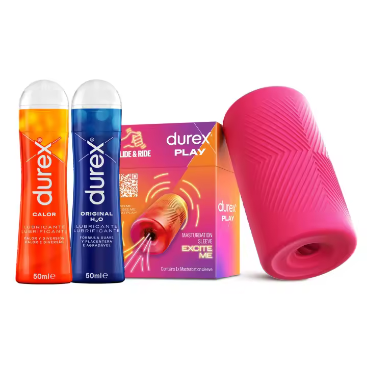 Durex Masturbador SLIDE & RIDE +  Lubricante Original H2O 50 ml + Lubricante Calor 50 ml, Elástico, Suave Flexible y Texturizado con Estrías - 1