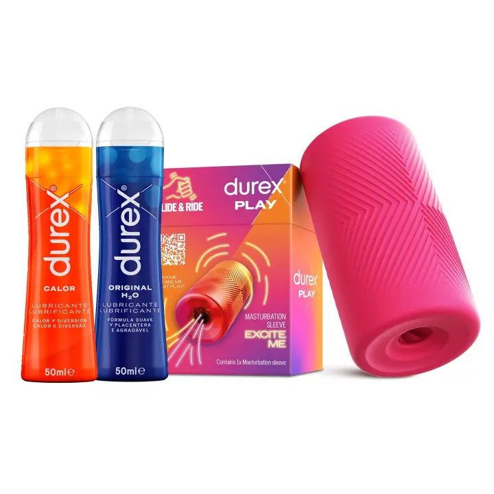 Durex Masturbador SLIDE & RIDE +  Lubricante Original H2O 50 ml + Lubricante Calor 50 ml, Elástico, Suave Flexible y Texturizado con Estrías - 1