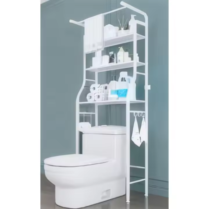 Estantería Baño, Estanteria Metal sobre Inodoro o Lavadora 3 Baldas con Ganchos para Colgar, Ahorra Espacio, Blanco Negro - 1