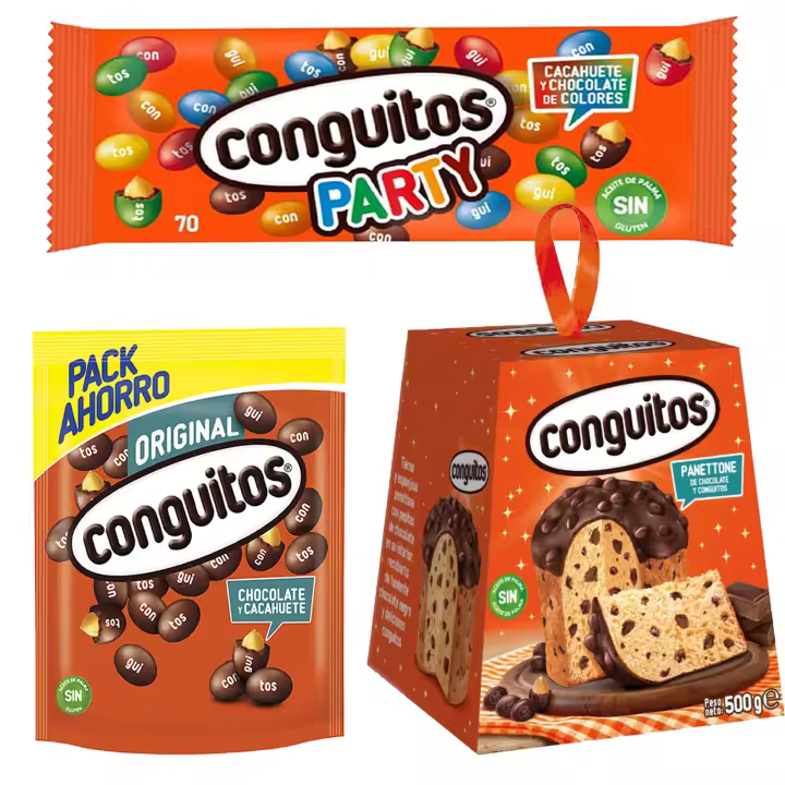 Pack panettone de chocolate con Conguitos 500 g,party bolsa 70g,negro doypack 350g - 1