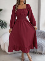 Vestido Largo Elegante De Verano Con Cuello Cuadrado Y Mangas Largas Para Damas De Honor Vestido De Mujer Con Borde Volante Y Cintura Alta - details 24