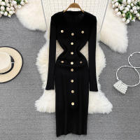 Vestido Midi De Punto REALEFT Para Mujer Con Cuello En V Manga Larga Y Falda Frontal Solta Estilo Casual Color Sólido Otoño Invierno - details 31