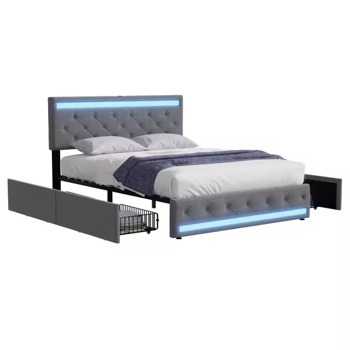 Cama tapizada con LED y USB, 4 cajones, arcón de almacenamiento, somier de láminas de madera, lino gris, 140x200/160x200/180x200 cm - 1