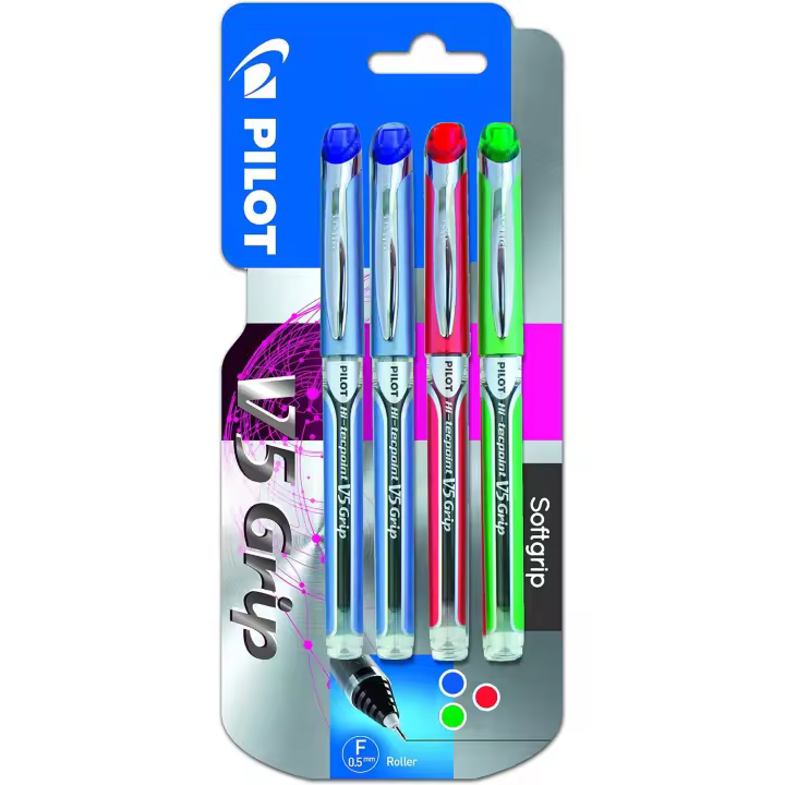 Pilot Hi-Tecpoint V5 Grip Bolígrafo Roller Punta Aguja Tinta Líquida (Pack de 2 Azules, 1 Rojo y 1 Verde) - 1