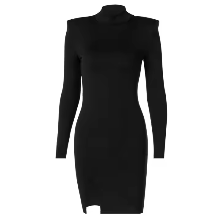 Vestido Mini De Manga Larga Para Mujer En Color Negro Sólido Estilo Bodycon Ajustado Para Primavera/Otoño Ropa De Calle - 1