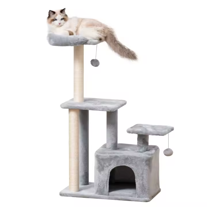 PawHut Árbol Rascador para Gatos Altura 114 cm Árbol para Gatos Torre para Gatos con Postes de Sisal 3 Plataformas Casita y 2 Bolas Colgantes Gris Claro - 1