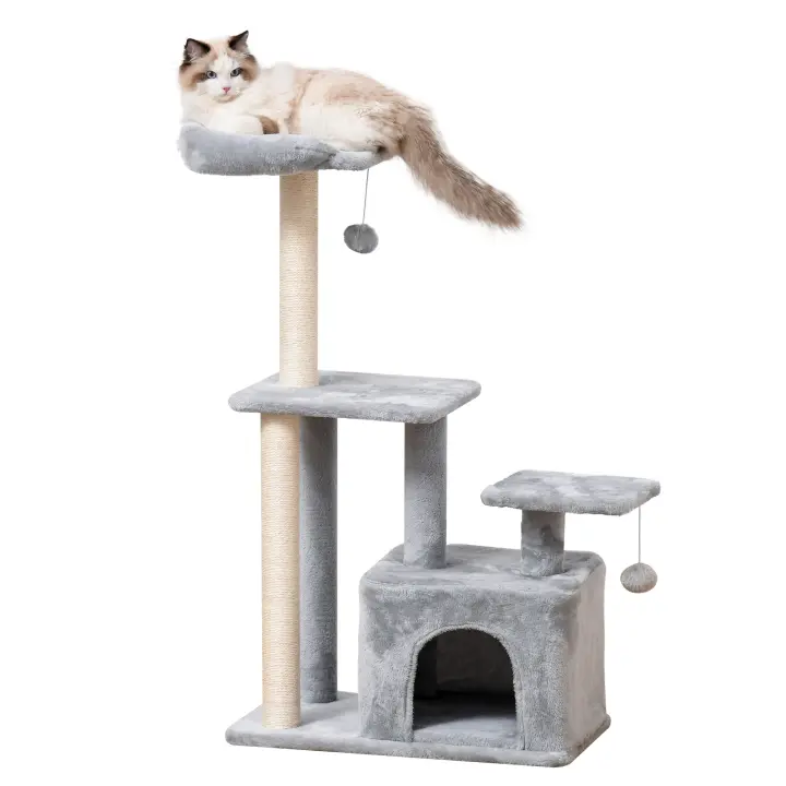 PawHut Árbol Rascador para Gatos Altura 114 cm Árbol para Gatos Torre para Gatos con Postes de Sisal 3 Plataformas Casita y 2 Bolas Colgantes Gris Claro - 1
