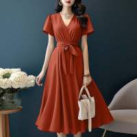 ZANZEA Vestido Midi A-Line Elegante Para Mujer Con Cinturón Y Estampado Sólido Manga Corta Estilo Casual V-Neck Para Vacaciones - details 4
