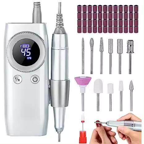 Torno para Uñas Profesional, 45000RPM Portatil Recargable Inalambrico with 12 cabezales de Pulido y 48 Telas abrasivas y Pantalla LCD, para Manicura y Pedicura, para Gel or acrilicas - 1