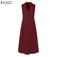 Vestido Midi Elegante ZANZEA Para Mujer Estilo Trabajo OL Verano Vuelta En El Cuello Sin Mangas Silueta A-Line Oficina Casual Longitud Media Pierna - details 8