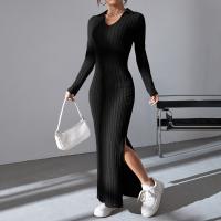 Vestido De Punto Negro Slim Con Cintura Ajustada Y Cuello En V Para Mujer Vestido Largo Casual De Otoño/Invierno - details 6