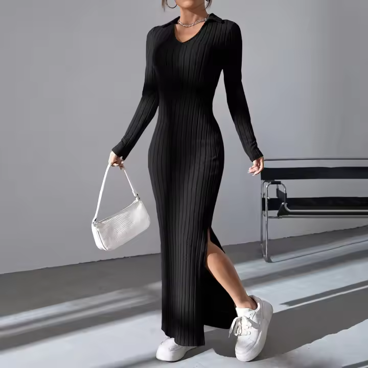 Vestido De Punto Negro Slim Con Cintura Ajustada Y Cuello En V Para Mujer Vestido Largo Casual De Otoño/Invierno - 1