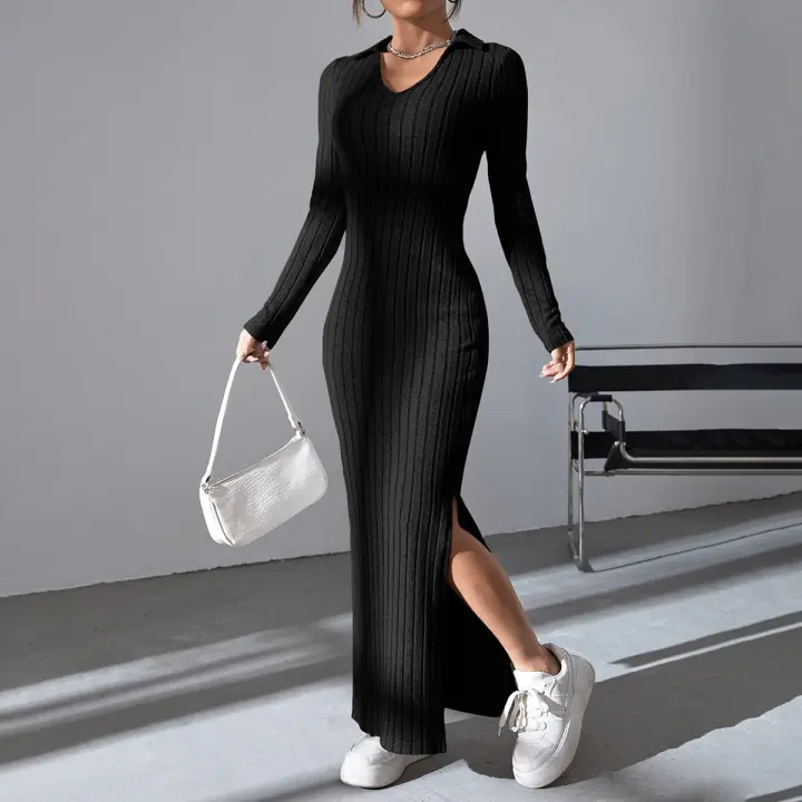 Vestido De Punto Negro Slim Con Cintura Ajustada Y Cuello En V Para Mujer Vestido Largo Casual De Otoño/Invierno - 1