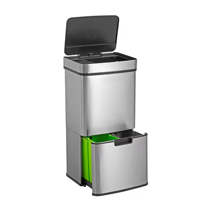 WELL HOME Papelera de reciclaje 62L (37L+25L), cubo de basura con 2 compartimentos, apertura automática con sensor, en acero inoxidable, cromado - 1