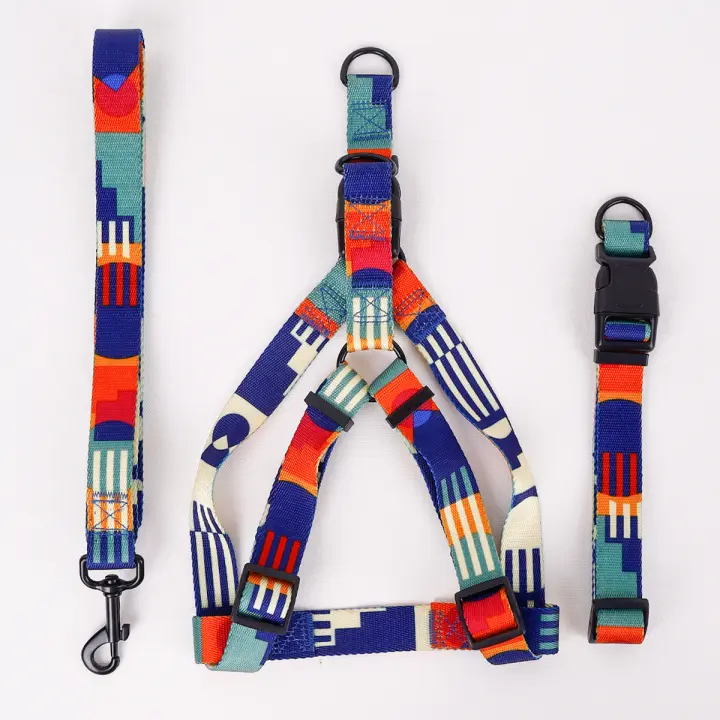 Juego De 3 Piezas Abstracto Y Correa Para Mascotas Con Patrón Geométrico Multicolor Correa Y Collar Para Perros De Nylon - 1