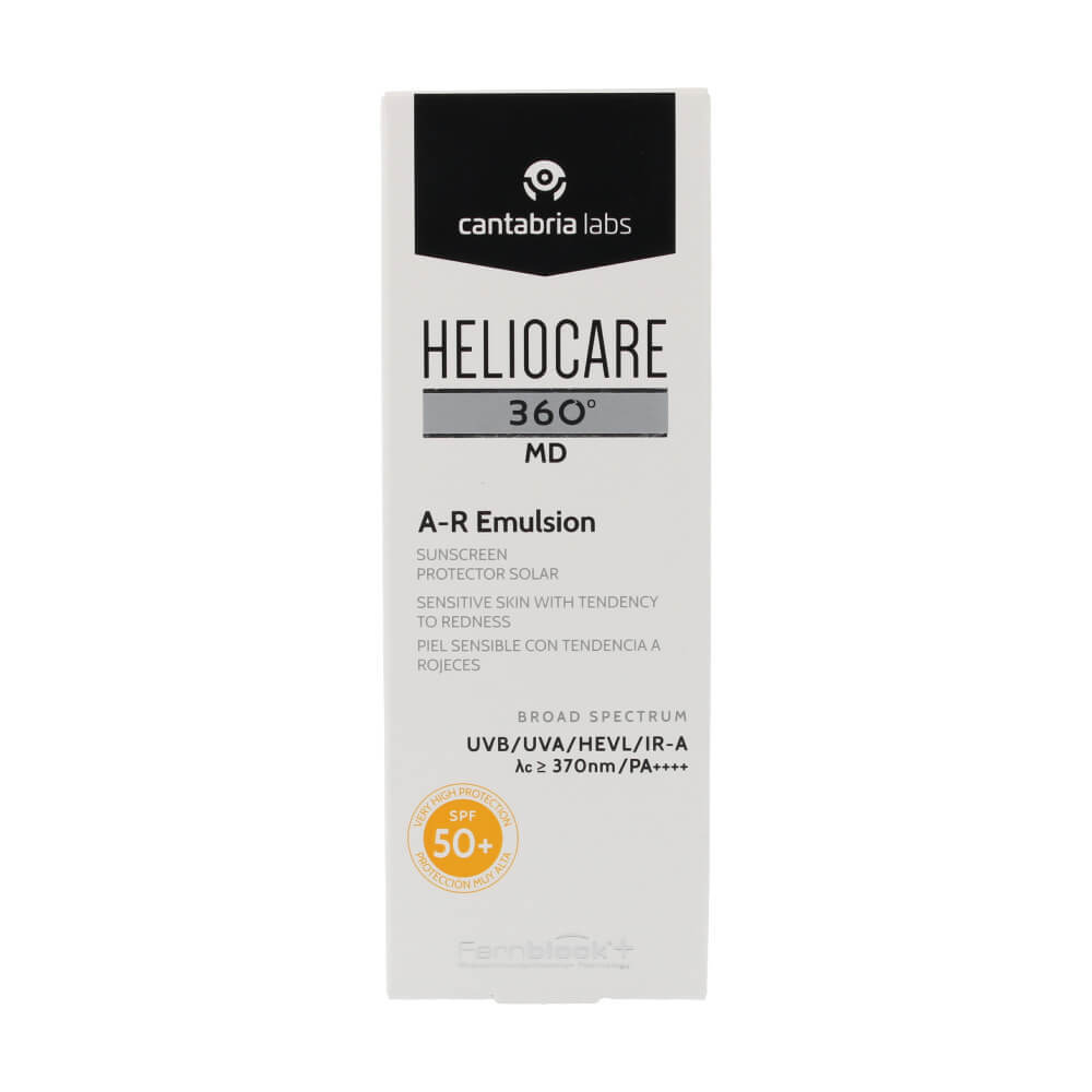 Heliocare 360º SPF50+ AR Emulsion 50ml, moisturizing sunscreen with strong UV protection for silky skin, includes Pigment Fluid 3ml and Acnimat SPF50+ 5ml for enhanced hydration and skin defense.