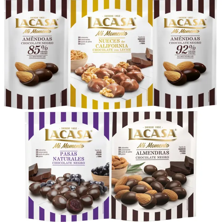 Lacasa Mi Momento pack de 5:Almendra 92% ,Almendra 85% ,Nueces Chocolate Leche,Pasas Chocolate Negro ,Almendra Chocolate Negro - 1