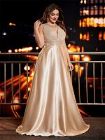 Vestido De Noche Elegante De Talla Grande Con Lentejuelas Para Mujer V-Neck Satén Fiesta Prom Formal De Largo Floor Length - details 3