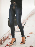 Nuevas Jeans Stretchy Para Niñas Cintura Alta Vintage Azul Mecánica Recta Casual Pantalones De Calle Con Botones Y Bolsillos - details 1