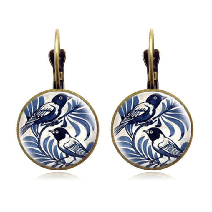 Pendientes De Acero De Bronce Antiguo Con Domo De Vidrio Y Pajaro Azul Vintage Para Mujer Estilo Retro Forma Animal