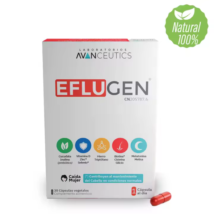 Avanceutics EFLUGEN ANTICAIDAS   Tratamiento para la Caída del Cabello en Mujeres  Contiene Biotina, Selenio y Zinc  Estimula el Crecimiento del Cabello  Cuidado Capilar y uñas en Mujeres  30 cápsulas - Vegano, Sin Gluten, Sin Lactosa - 1