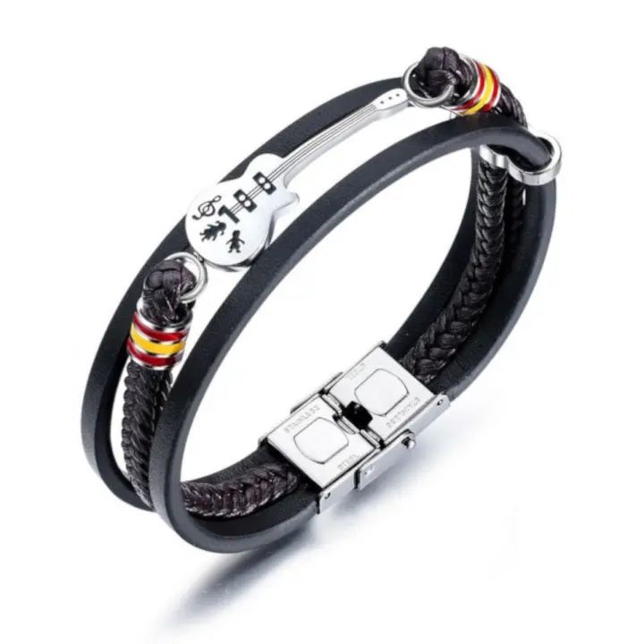 Pulsera de Cuero Guitarra Colores Bandera de España Cierre de Seguridad Acero Inoxidable Ajustable - 1