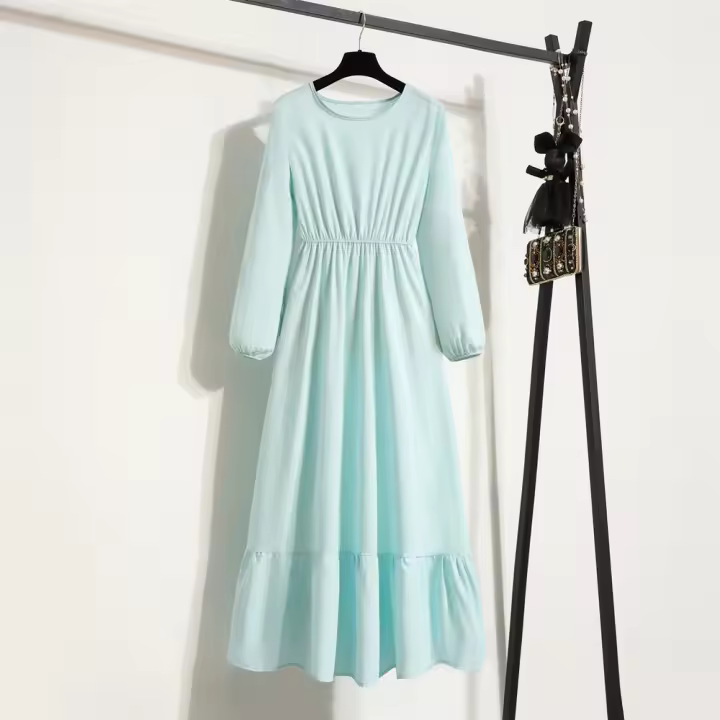 Vestido Largo Para Mujer Verano Otoño Mujer Vestidos Sólidos Manga Larga Cuello Redondo Casual Chiffon Vestidos Musulmanos Sólidos Sueltos Maxi - 1