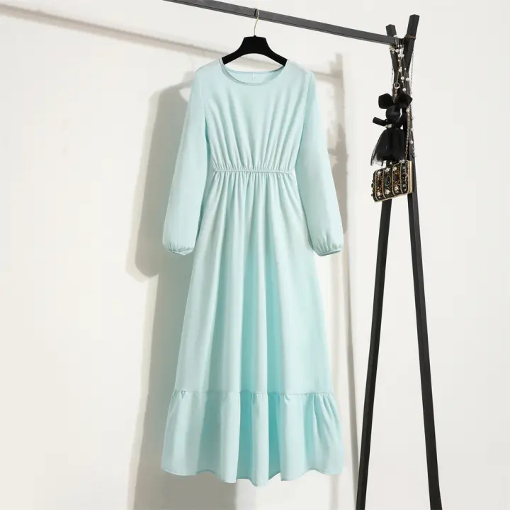 Vestido Largo Para Mujer Verano Otoño Mujer Vestidos Sólidos Manga Larga Cuello Redondo Casual Chiffon Vestidos Musulmanos Sólidos Sueltos Maxi - 1