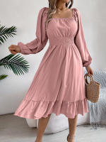 Vestido A-Line De Mujer Elegante Otoño Invierno Color Sólido Cuello Cuadrado Manga Larga Volantes Vestido Midi Casual Polyester Spandex - details 18