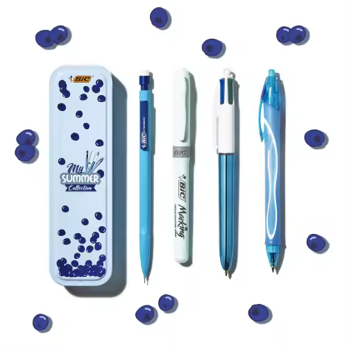 BIC Summer Blue Box: Boli de Gel de Punta Media (0,7mm), Portaminas, BIC 4Colores (1,00mm), marcador - Azul, Caja de4 - 1