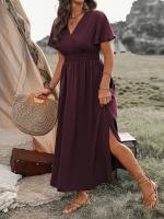 Vestido Casual De Verano Para Mujer 2024 AliExpress Con Cuello En V Manga Corta Y Abertura Midi De Poliéster Estilo Europeo Y Americano - details 16