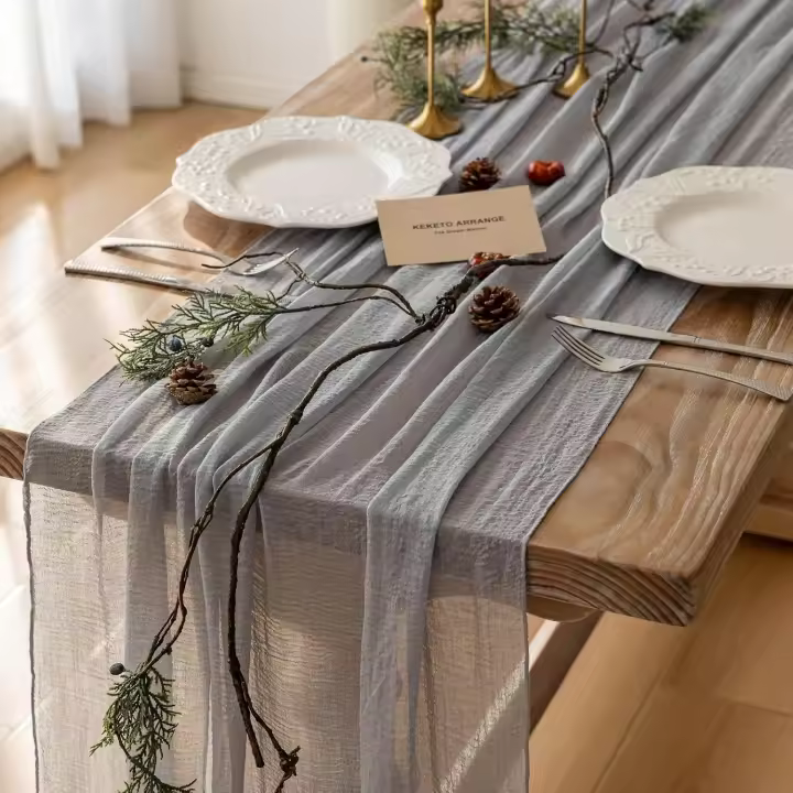 Keketoarrange 3pcs Dusty Blue Gauze Rustic Cheesecloth Table Runner 120 Inch 10 FT for Wedding Baby Shower Bridal Shower Birthday Engagement Garden Outdoor Party Long Sheer Boho Decorations - 1