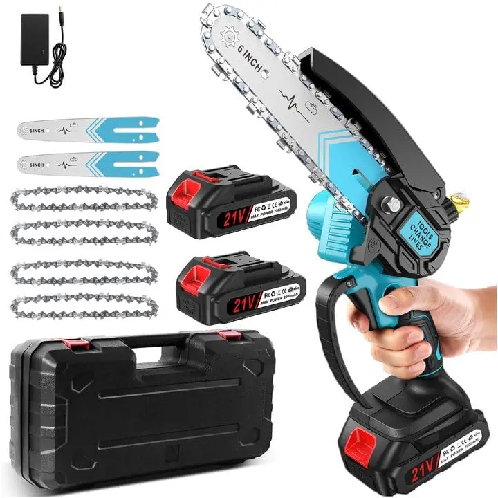Motosierra eléctrica inalámbrica de 6 pulgadas con engrasador, 4 cadenas y 2 cuchillas - 1
