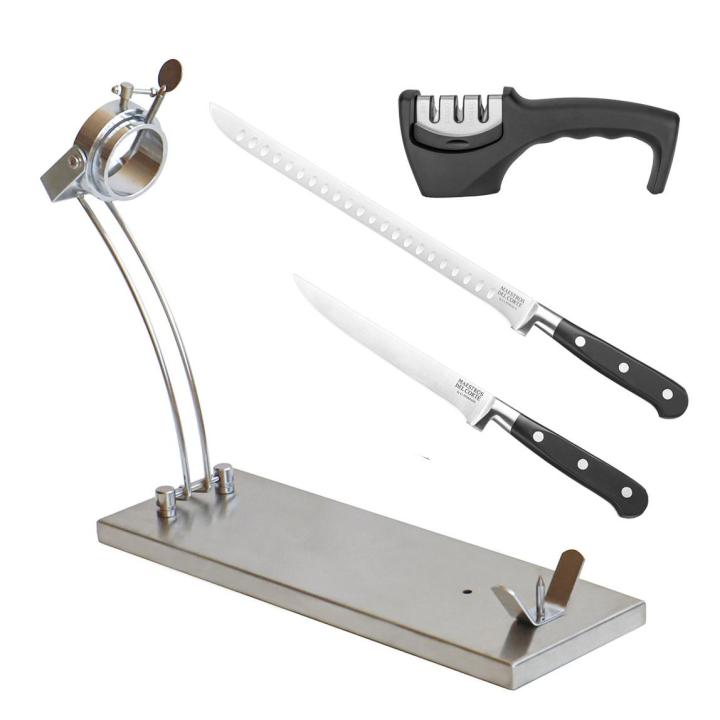 Cuperinox Jamonero Giratorio | Jamonera base Inoxidable | Soporte Jamonero Plegable | Incluye Cuchillo Jamonero Alveolos 25 cm, Deshuesador 15 cm, Afilador y Funda para Jamón | Apto Jamones y Paletilla | Soporte Jamon Profesional