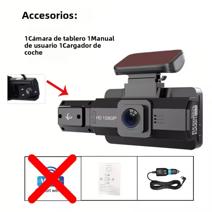 Cámara De Coche Con WiFi 3 Camaras 1080P 3-Canal Visión Nocturna Trasera Interior Frontal Grabadora De Video DVR Para Automóvil - 1