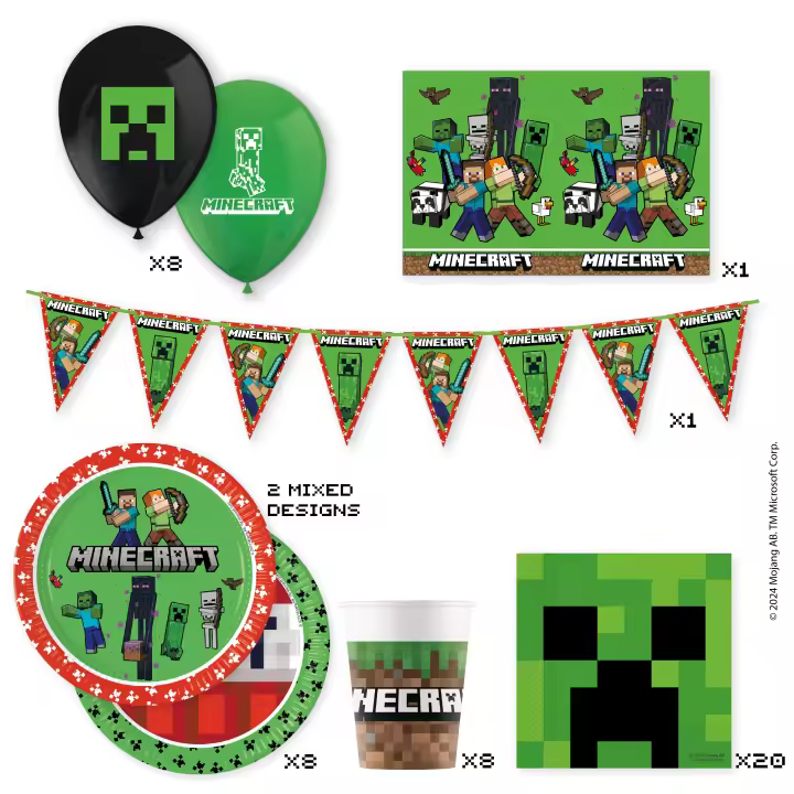 Pack Fiesta Cumpleaños y Eventos especiales,  Celebra tus grandes eventos con un Juego de Vajilla y Accesorios para Fiesta Minecraft - 1