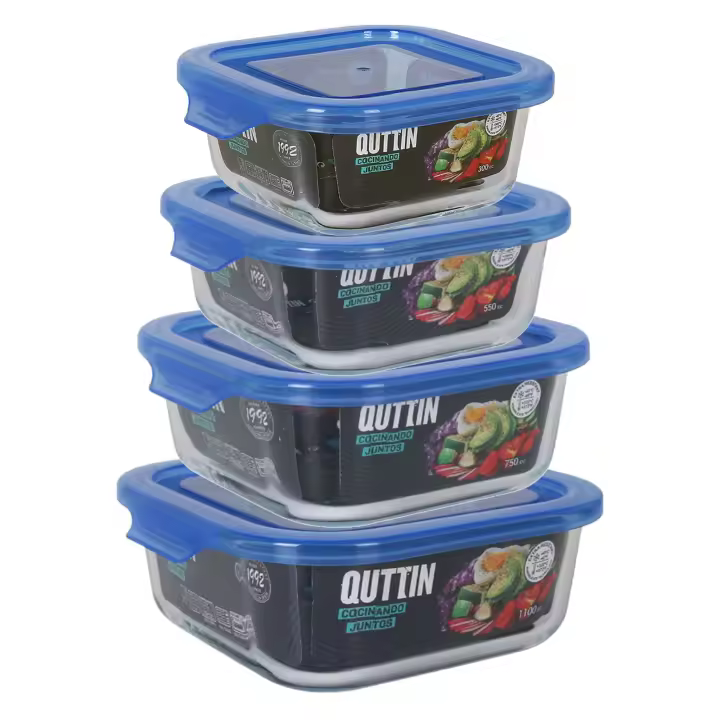 Set 4 Recipientes de Alimentos de Vidrio Borosilicato con Tapa Quttin – Set 4 Fiambreras - Juego de 4 Piezas (300cc, 550cc, 750cc, 1100cc) – Aptos para Microondas, Horno, Lavavajillas y Congelador – Resistentes a Altas y Bajas Temperaturas - 1